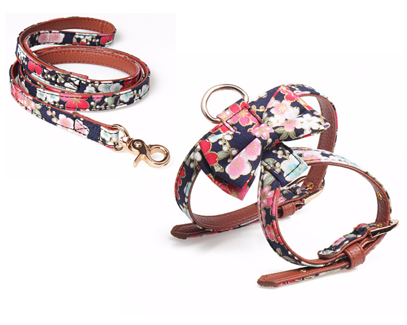 New K-shaped Bowknot Dog Harness Leash Set for Small Medium Dogs Puppy and Cats Walking No Pull Adjustable PU Leather Flower Print Harnesses Pet Acces
