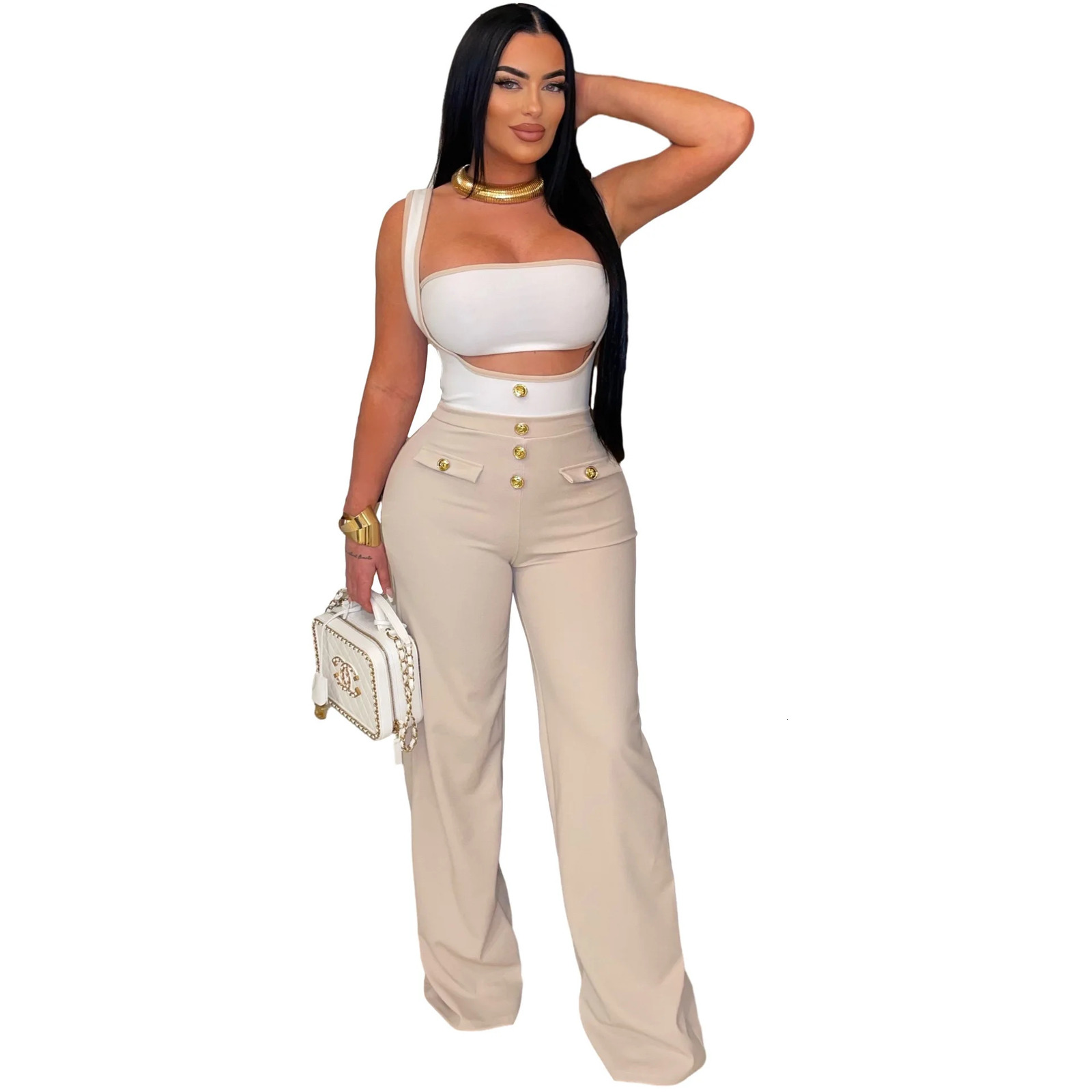 Womens jumpsuit sexy sleeveless high waisted solid backless suspension covered onepiece button splicing regular 250324Z