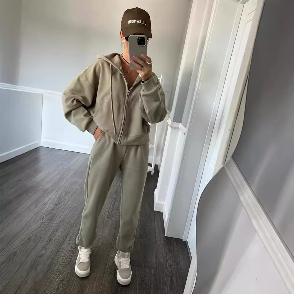 Casual Women's Solid Color Long Sleeve Zipper Hoodie Elastic Strap Pants Two Piece Set