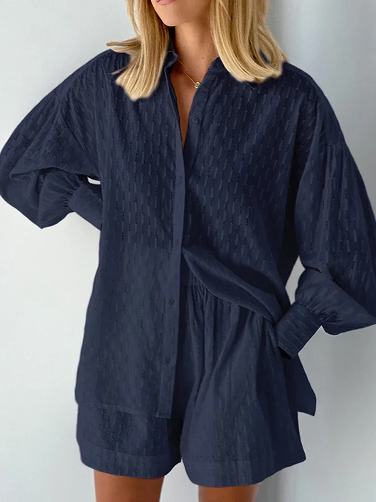 Casual Jacquard Shorts Set Womens Summer Loose Long Sleeve Shirt 2-piece Set Hawaiian Style Shorts 2-piece Set 250322