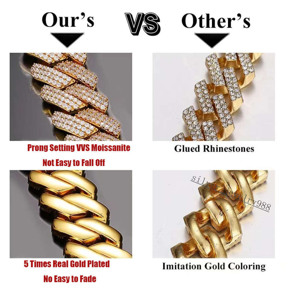 Men Hip Hop Jewelry 8mm 10mm 15mm 20mm Cuban Chain Gold Plated Iced Out Necklace Bracelet Moissanite Diamond Cuban Link Chain