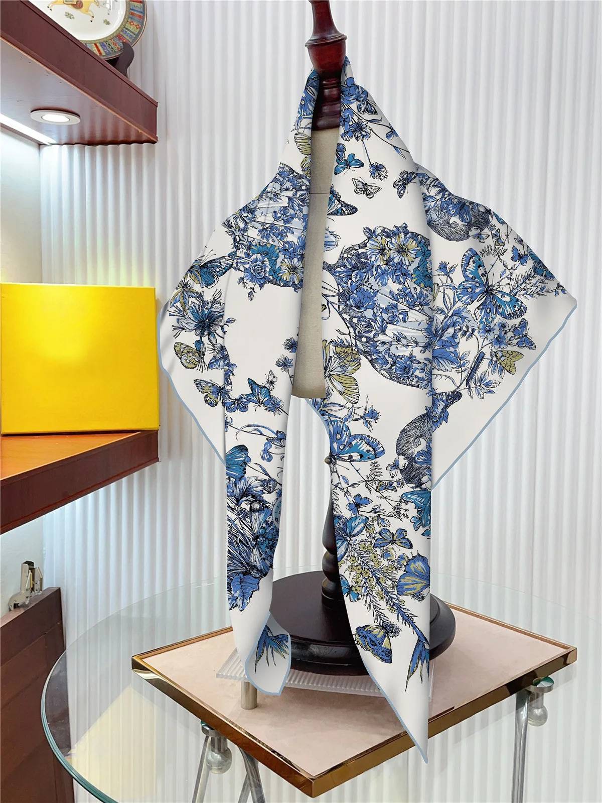 90cm Butterfly Flowers Square Scarf Women Twill Silk Scarf Shawl Hijab Bandana Foulard Neckerchief Head Scarf 250321
