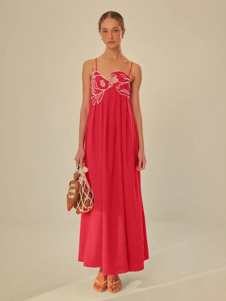 Summer 2024 Lady Party Streetwear Red Fish Top Maxi Dress For Women Sexy Sling Sleeveless Backless Femlae Robe Street Vestidos 250320