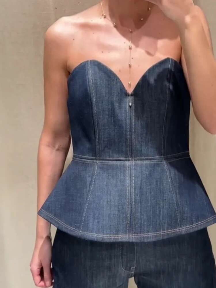 Chic Denim Tube Blazer Pants Suits 3 Pieces Women Notched Single Breasted Jacket Wide Leg Trousers Sets Female Office Spring