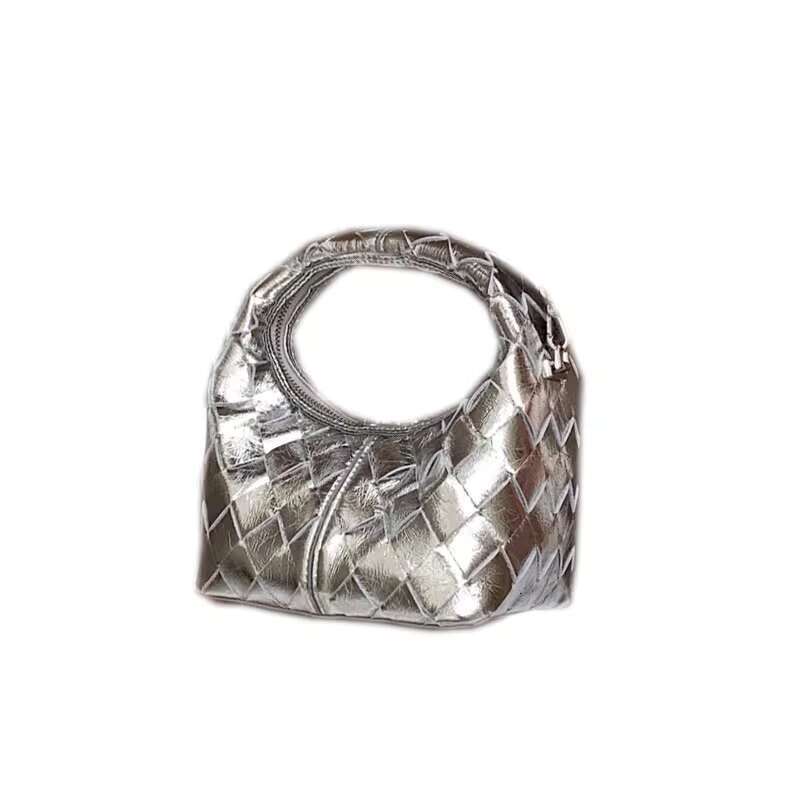Women's Bags Women's handbag new Chinese style handmade woven bag, high-end sense, niche fashion, silver handheld crossbody dumpling bag