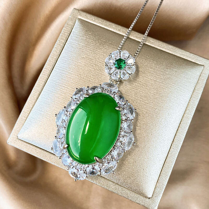 Zhuang Shengsheng Jewelry Copper Bottom Gold Plated Ice Seed Fluorescent Dan shaped Green Jadeite Set Stone 25-13 * 18