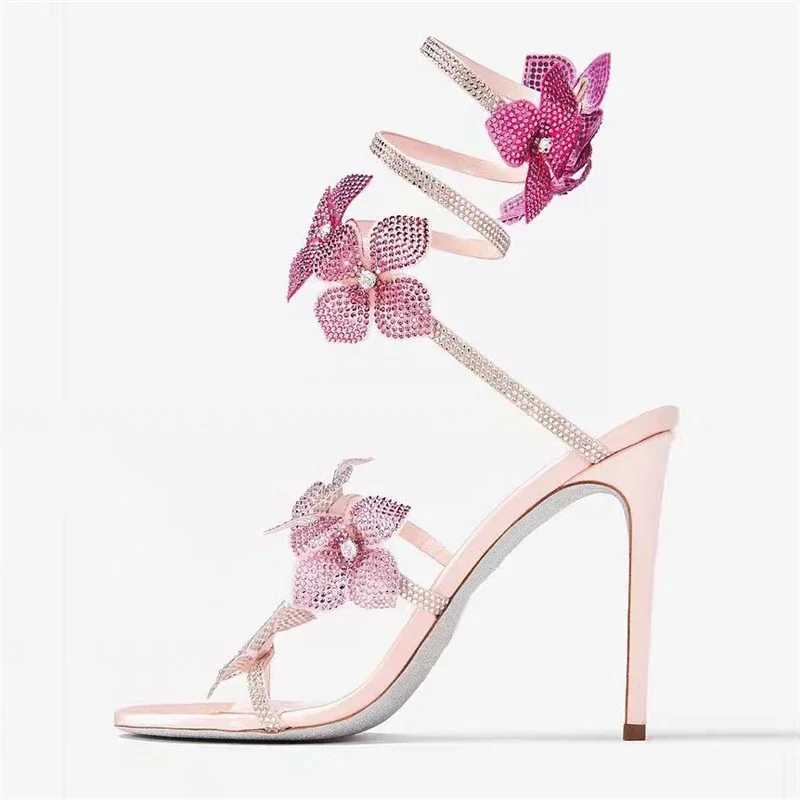 Eilyken Sexy CRYSTAL Flower Thin High Heels Women Sandals Street Style Narrow Band Ankle Strap Pole Dancing Ladies Shoes Z250617