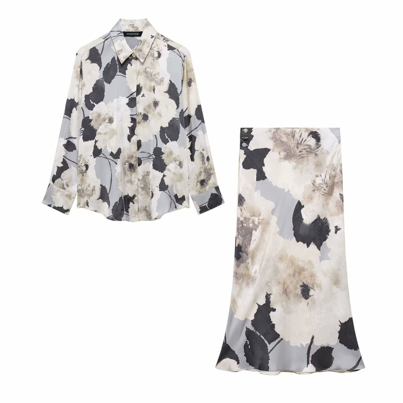 TRAFZASHEIN Spring New Silk Texture Printed Shirt Skirt Set
