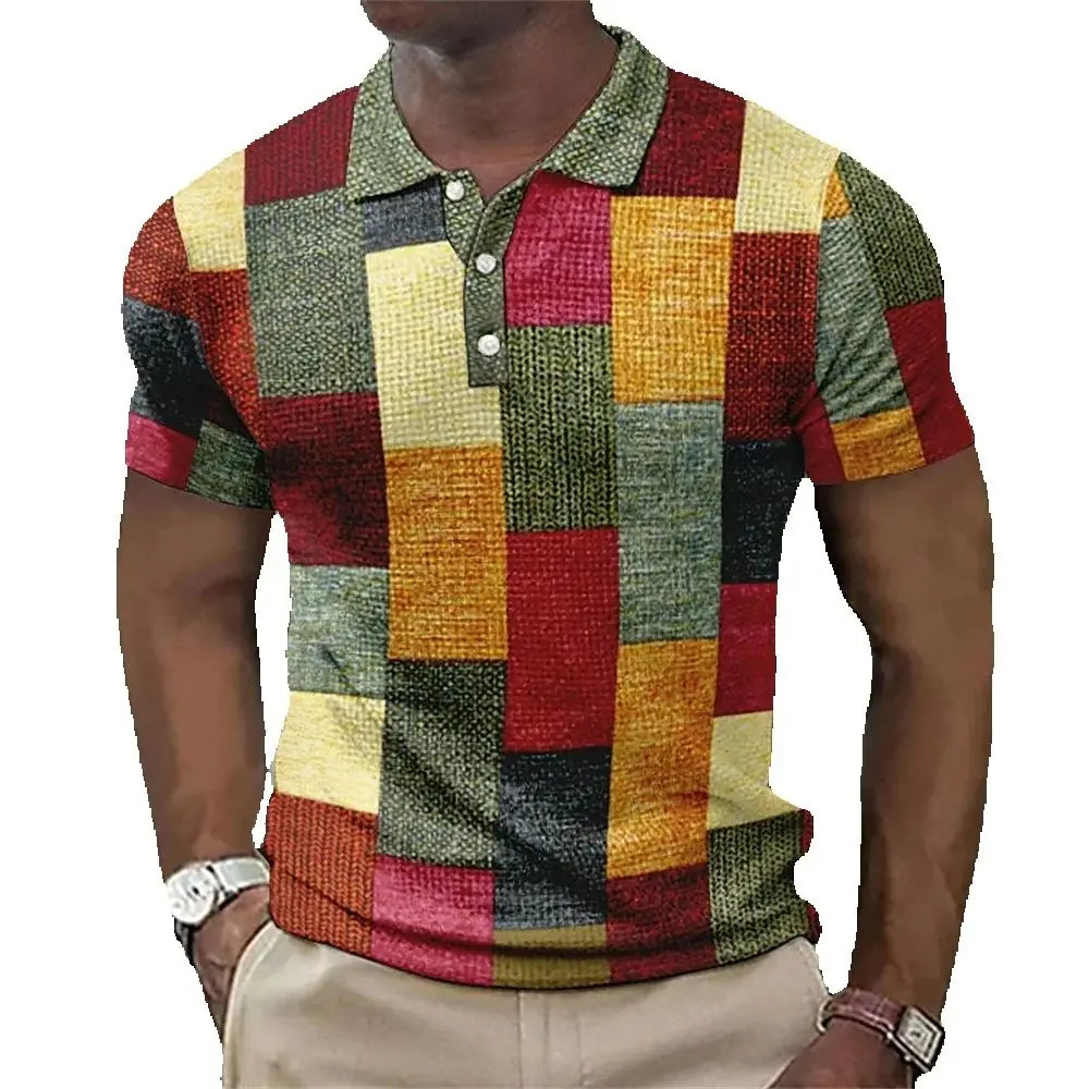 Vintage Mens Polo Shirt Patchwork 3d Print Short Sleeve Lapel Button TShirt Golf Collar Oversized Shirts For Men Clothing 250311