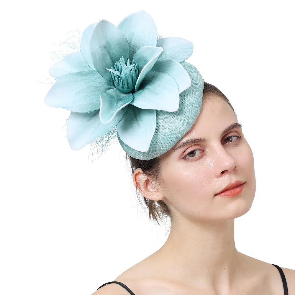 Light Blue Millinery Cocktail Fascinator Hat Foral Linen Derby Event Hair Accessories Women Foam Flower Headband High Quality 250320