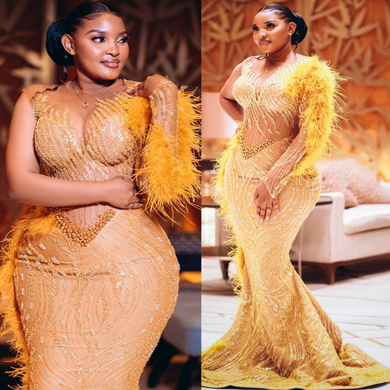 2025 Aso Ebi Gold Prom Dress Mermaid Prom Dress For Special Occasions Sheer Neck Feathered Beaded Lace Crystals Illusion Birthday Second Reception Gow
