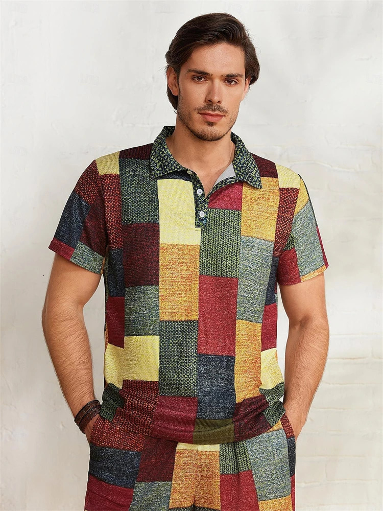 Vintage Mens Polo Shirt Patchwork 3d Print Short Sleeve Lapel Button TShirt Golf Collar Oversized Shirts For Men Clothing 250311