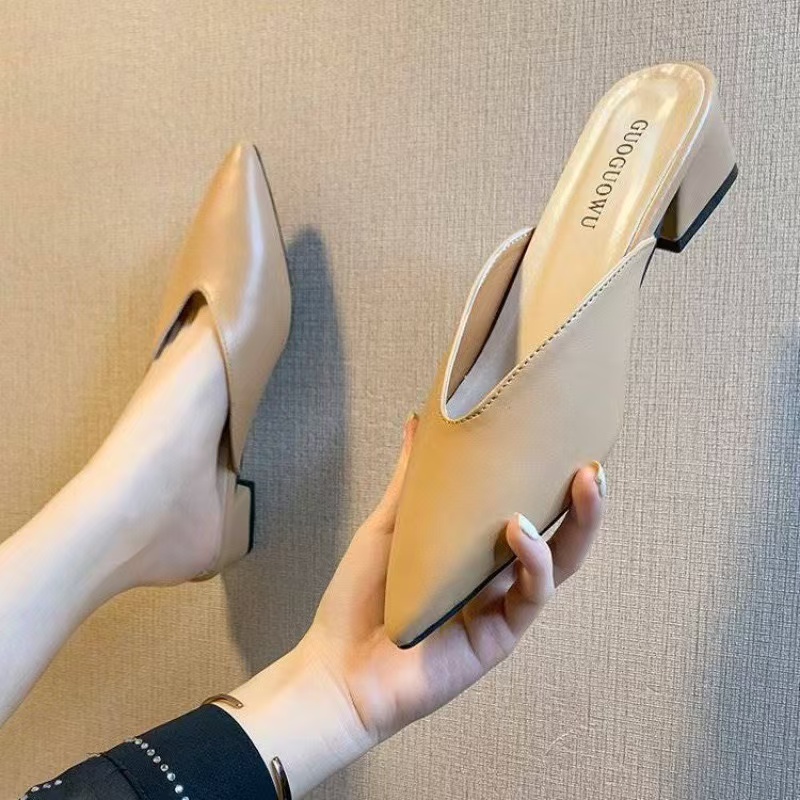 mules square woman toe high heels New slippers Korean designer V open soft leather outdorr slides lazy shoes female sandalias