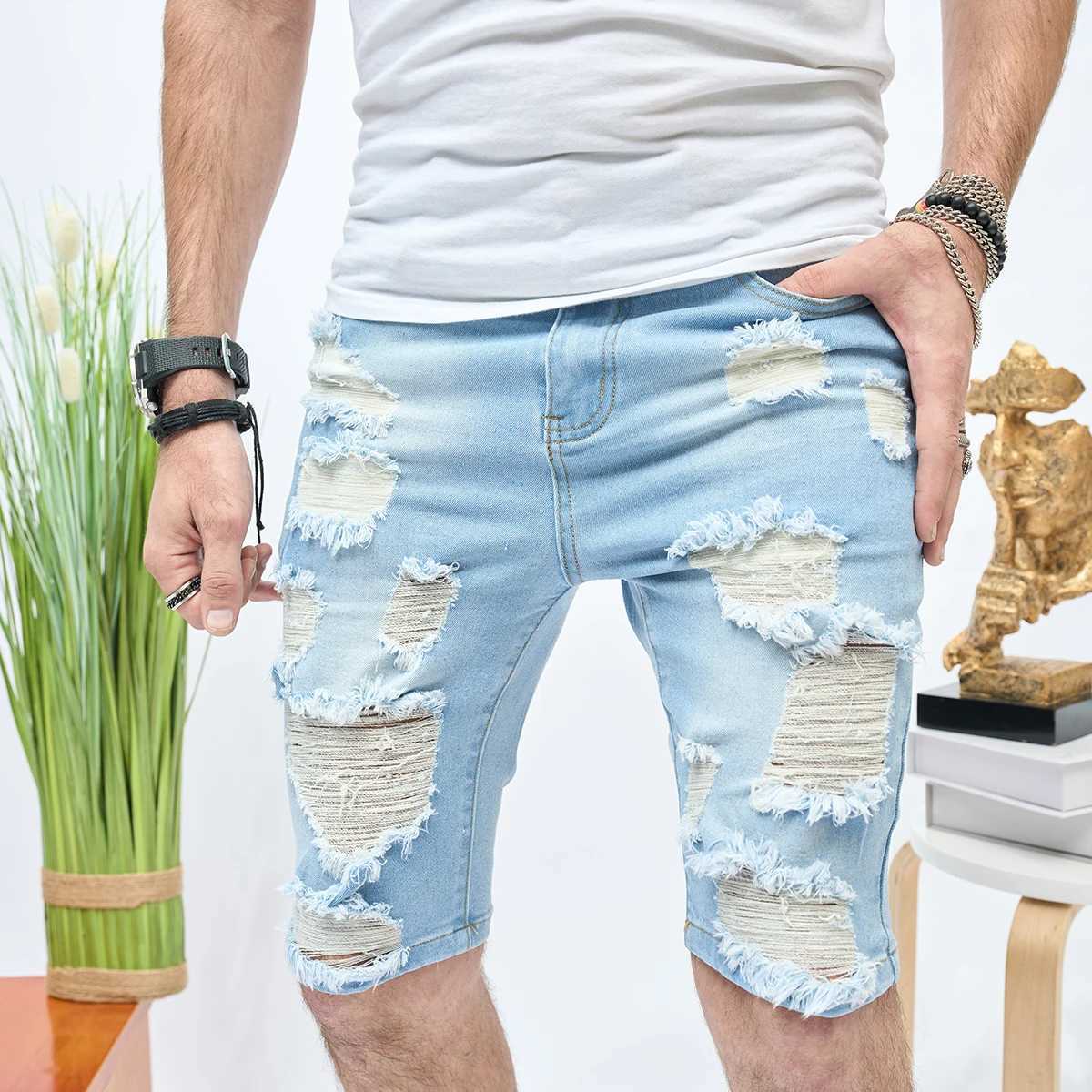 Summer Ripped Shorts Jeans Mens Hip-Hop Denim Pants Stretch Light Blue Fashion Slim Straight Male Denim Shorts T250603