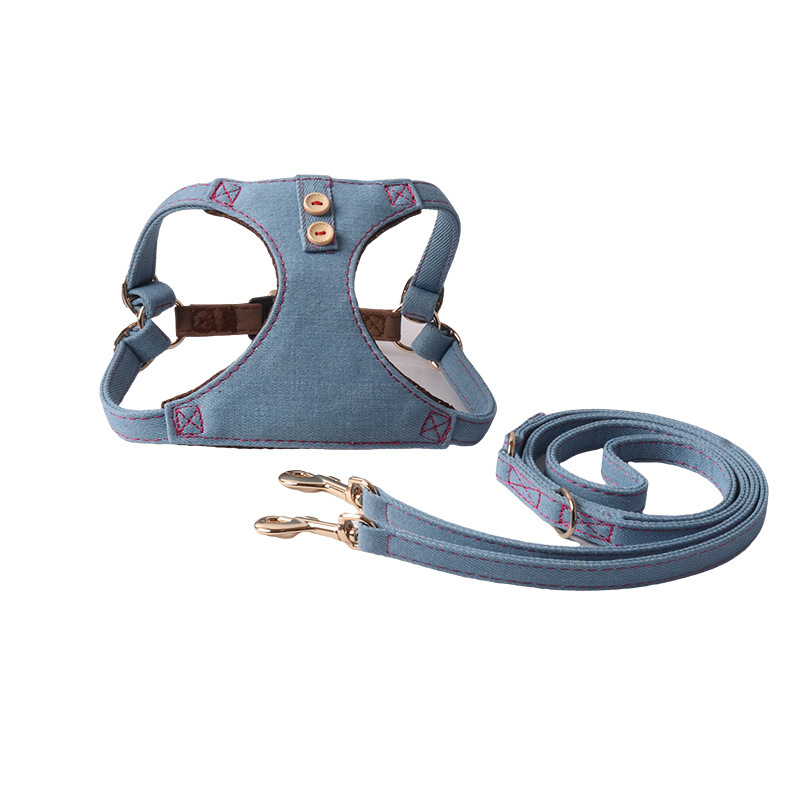 Dog Harness and Leash Set, Pure Cotton Denim Fabric Adjustable Step in Puppy Harness, Soft Breathable No Choke No Pull Pet Harness Vest for Small Dogs
