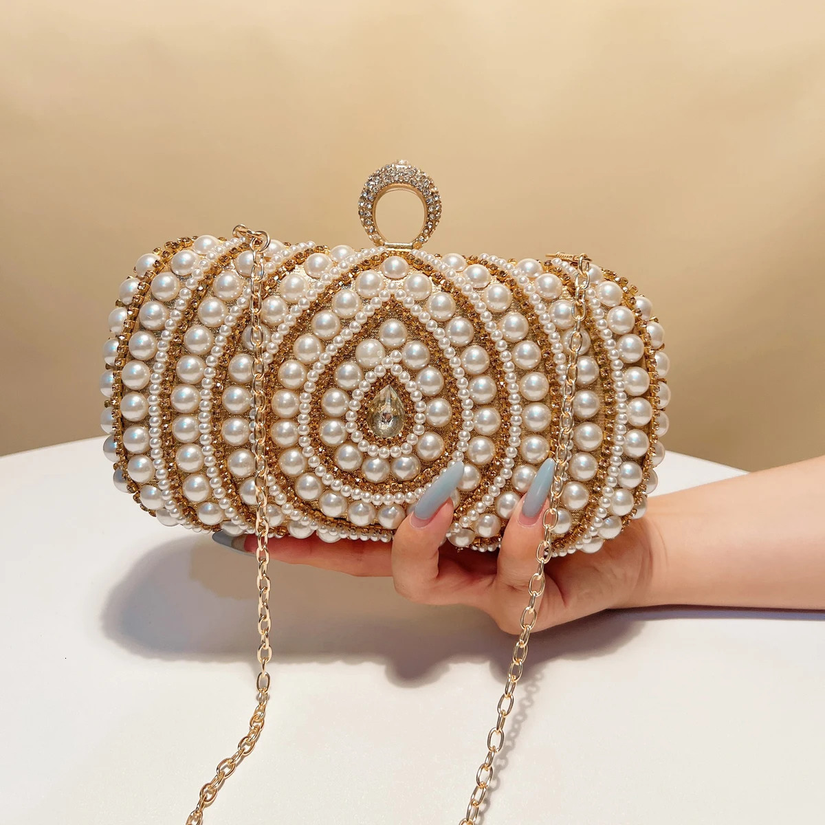 Pearl Retro Style Sparkling Rhinestone Evening Bag Finger Ring Diamond Party Wedding Ball Cocktail Clutch Bag 250320