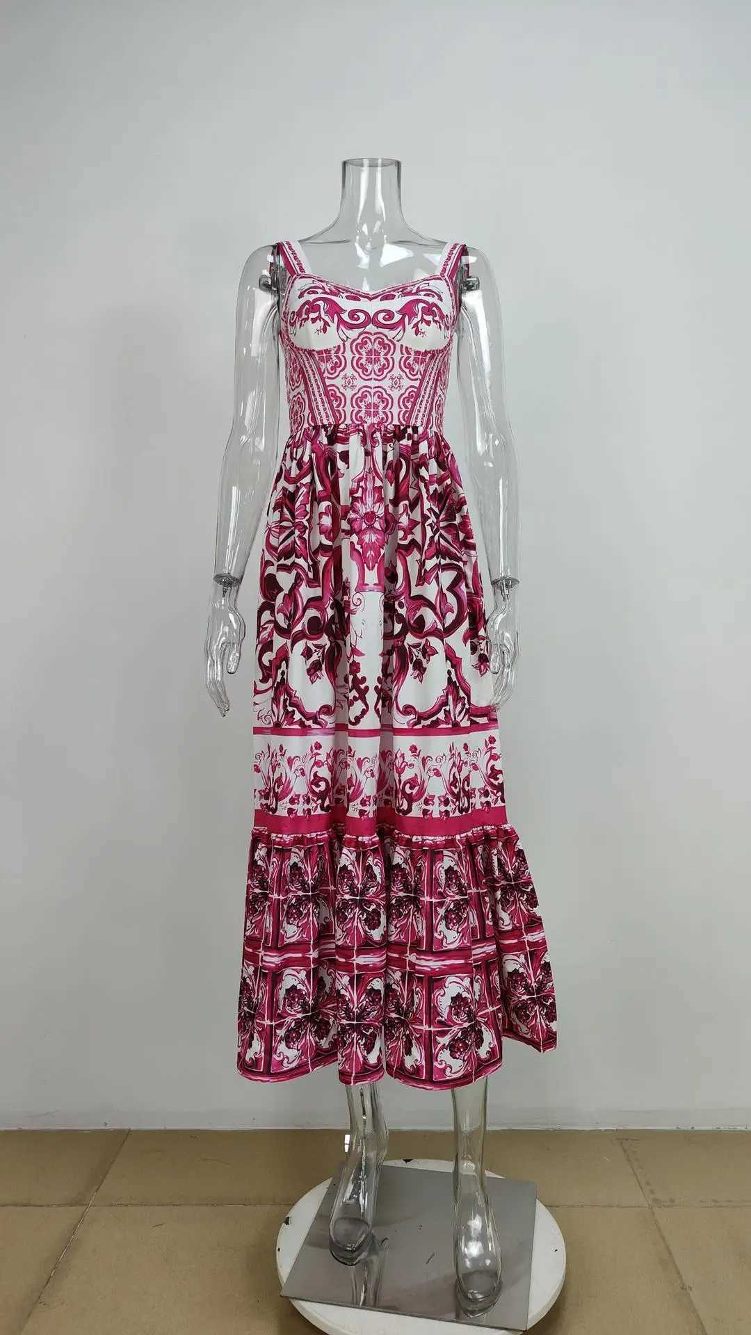 Runway 2024 Summer Runway Red White Porcelain Floral Print Long Maxi Beach Dresses Women Straps Sundress X250324