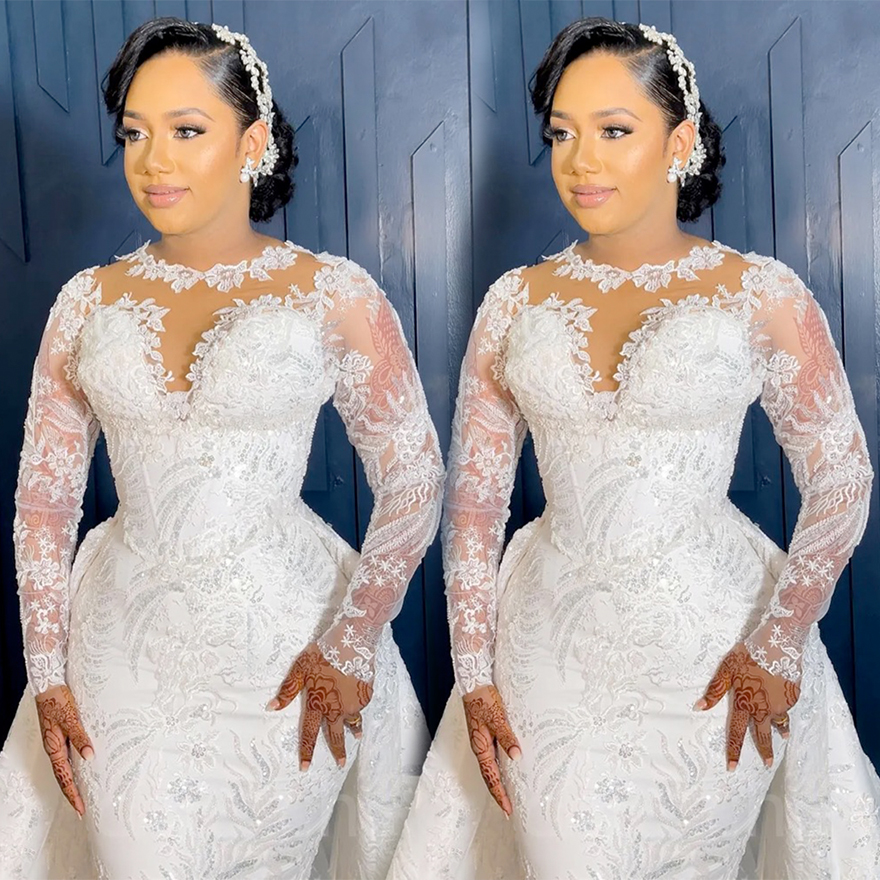 2025 Arabic Aso Ebi Mermaid Ivory Wedding Dress Sheer Neck Lace Long Sleeves Vintage Bridal Gowns Dresses