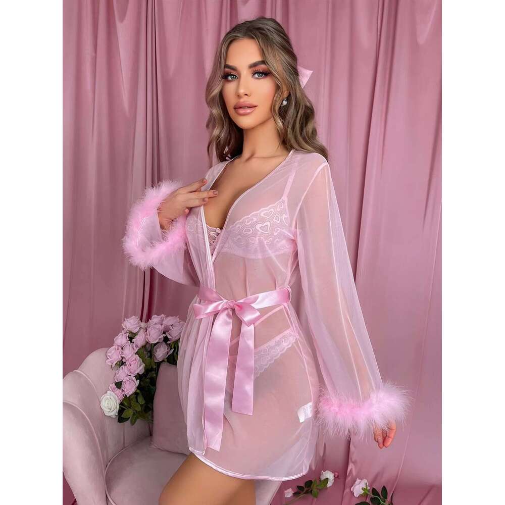 OEM Sexy Sleep Womens Sleepwear Lace Underwear Custom Woman Bra + Panties +Robes Lady 3 Piece Gerie Sets 2025