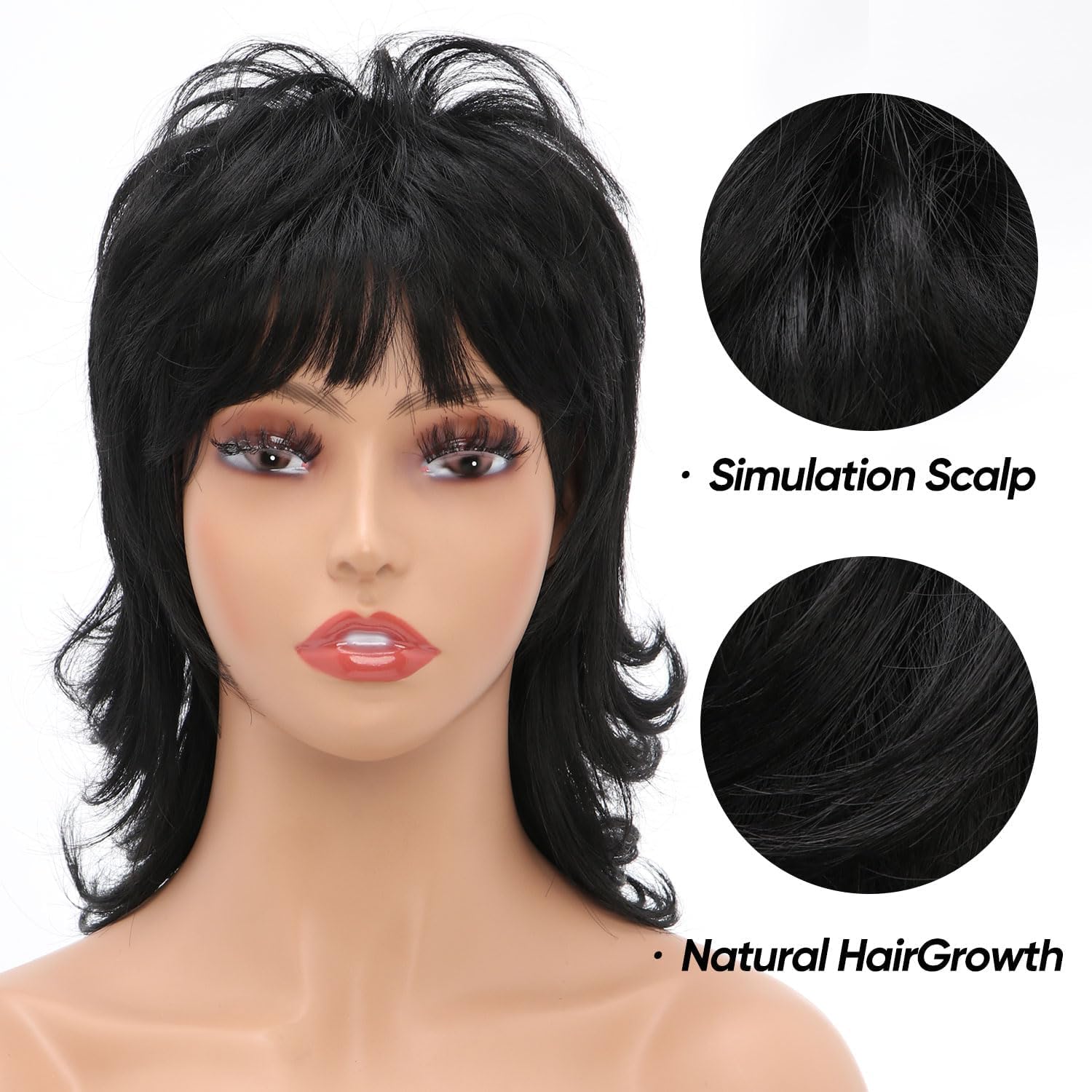 80s 90s Black Mullet Wigs Pixie Cut Wigs with Bangs for Women, Black Wolf short Synthetic Split Fringe for Women at Party and Cosplay