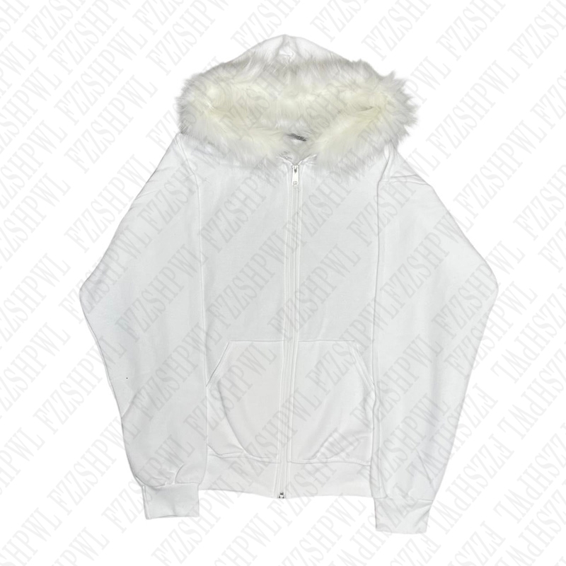 Y2K Zip up Hoodie Solid color Plush Coat Men Clothes Fur collar Hip Hop Streetwear Harajuku American Style Hooded Sweatshirt Top 250324