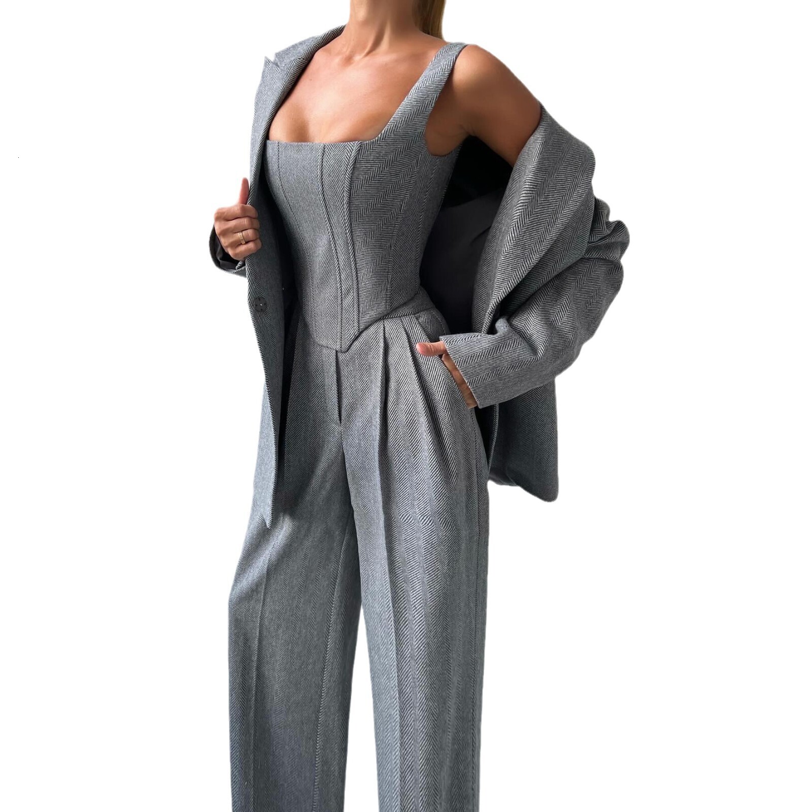 Fishbone casual suit, early autumn lazy style solid color three piece set, clothing, high-end feel, women's