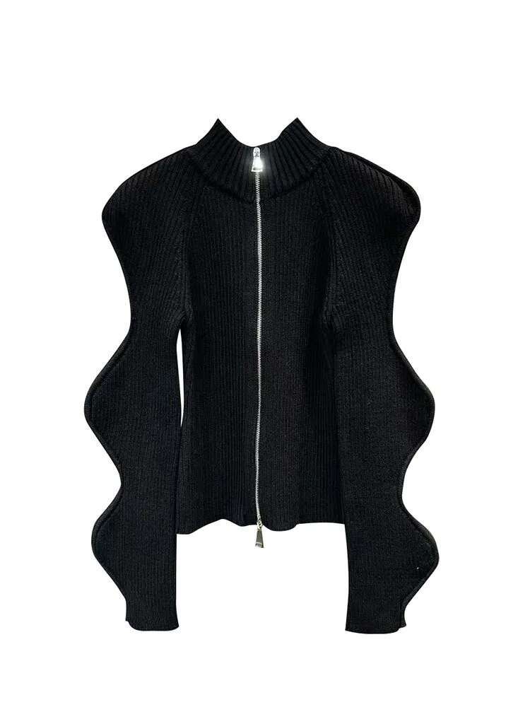 Fashion Women's Irregular Wave Edge Knitted Cardigan Autumn Stand Collar Long Sleeve Zipper Sweater Female