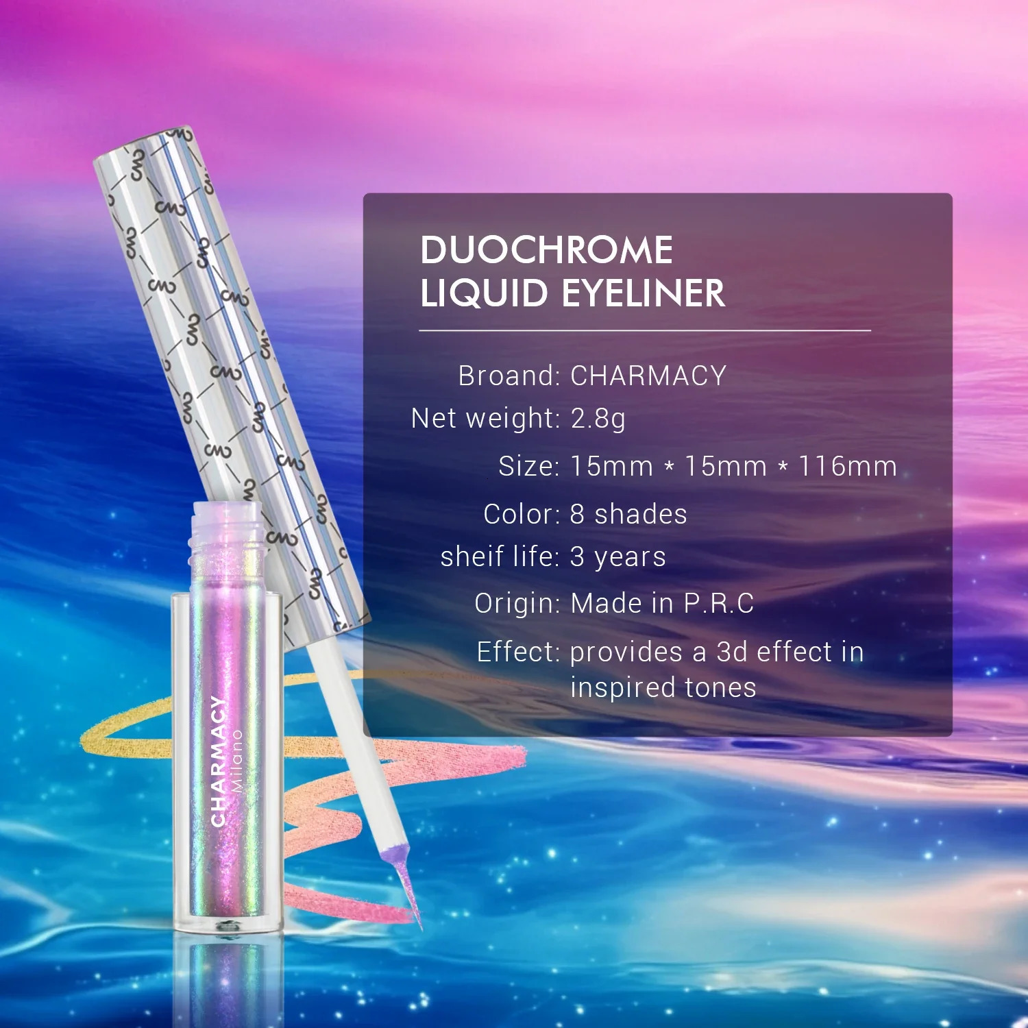 CHARMACY Color Duochrome Glitter Liquid Eyeliner Waterproof Long-lasting Ultra-Fine Tip Smudge-proof Eye Liner Makeup 250324