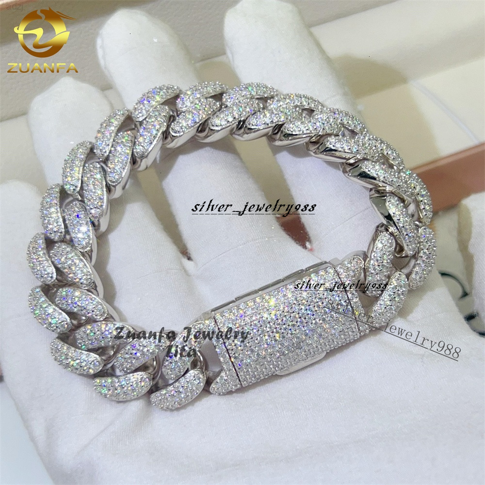 Hip Hop Rapper Silver 925 Mens Jewelry Iced Out Diamond 15mm 3 Rows Moissanite Cuban Link Chain Bracelet