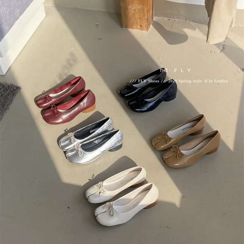 Genuine Leather Tabi Handmade Women Flats High Quality Sheepskin Female Boat Shoes Design Split-Toe Mules