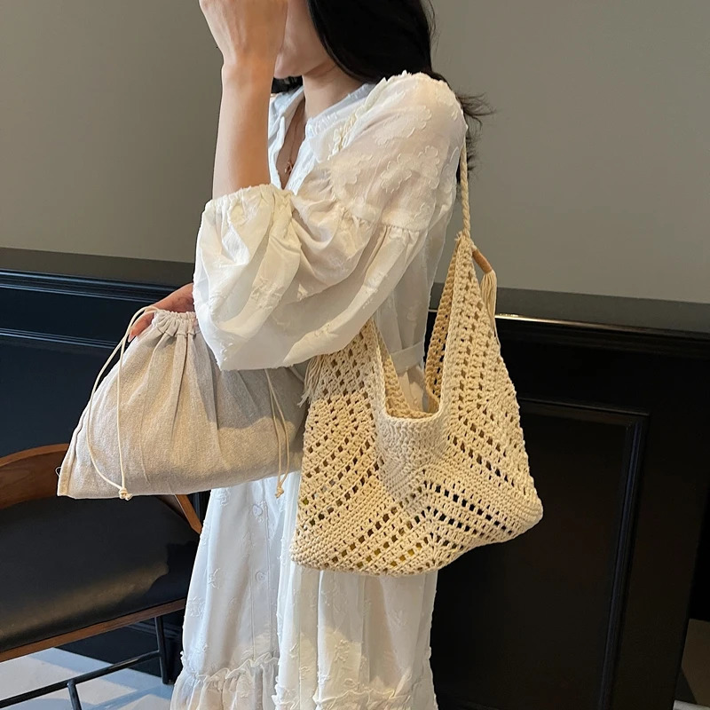 Crochet 2in1 Womens Shoulder Bag Set Raffia Boho Rattan Summer Beach Resort Handbag Knitted n 2025 250401