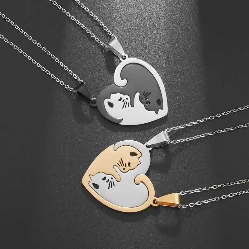 Hot Hug Pet Cat Pairing Couple Necklace Fashion Stainless Steel Mens Best Friend Bff Pendant Jewelry Gift W250325