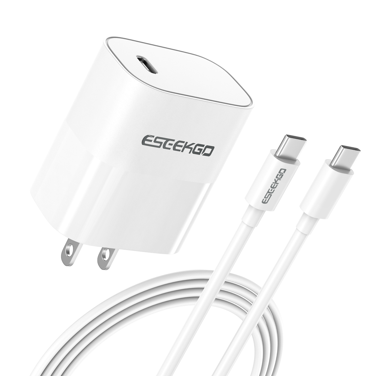 USA STOCK ESEEKGO T-22UC Travel Adapter (20W US Standard ) With 3.3FT Type-C To Type-C Fast Charging Cable With Retail Package ship in 2 days