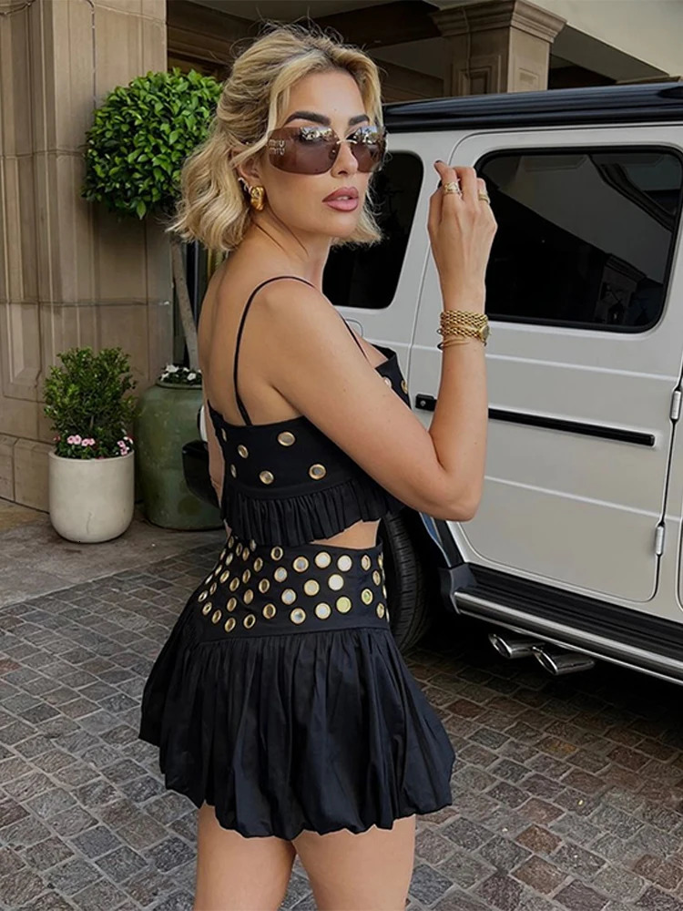 Hollow Out Halter Half Skirt Set Vintage Circle Vest Camisole Pleated Holiday French Small Suspender Slimming Short Puffy Skirts 250325