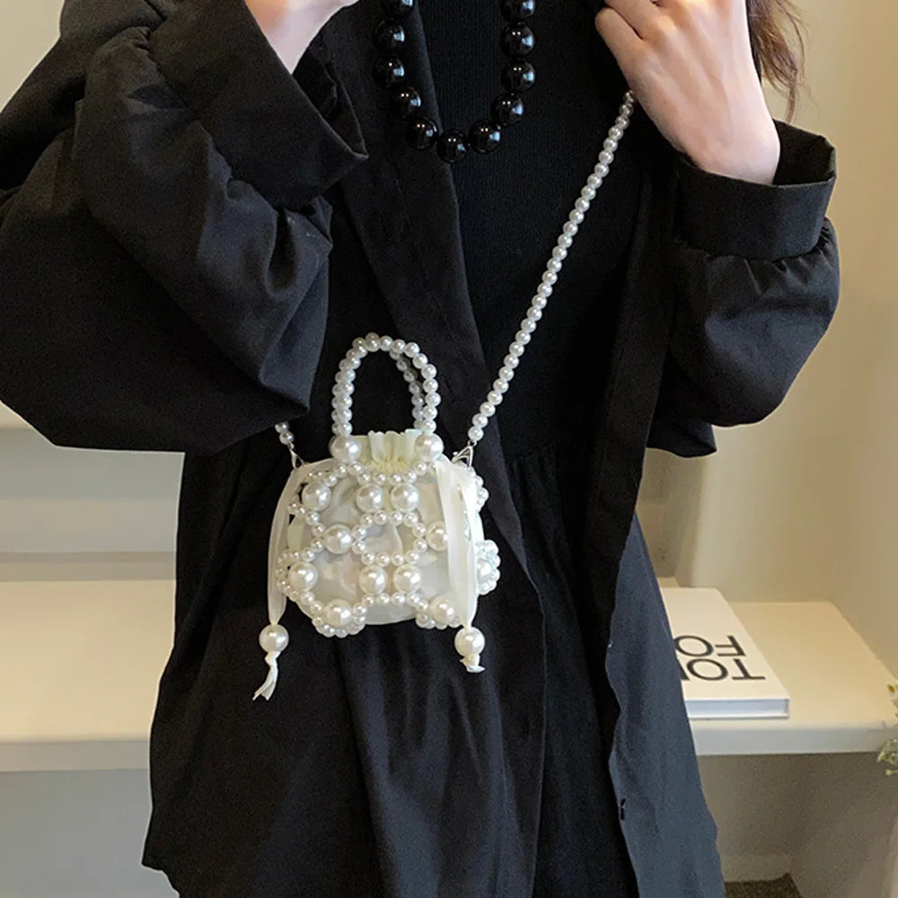 pearl bead womens shoulder cross bag pearl chain buckle bucket handbag 250320