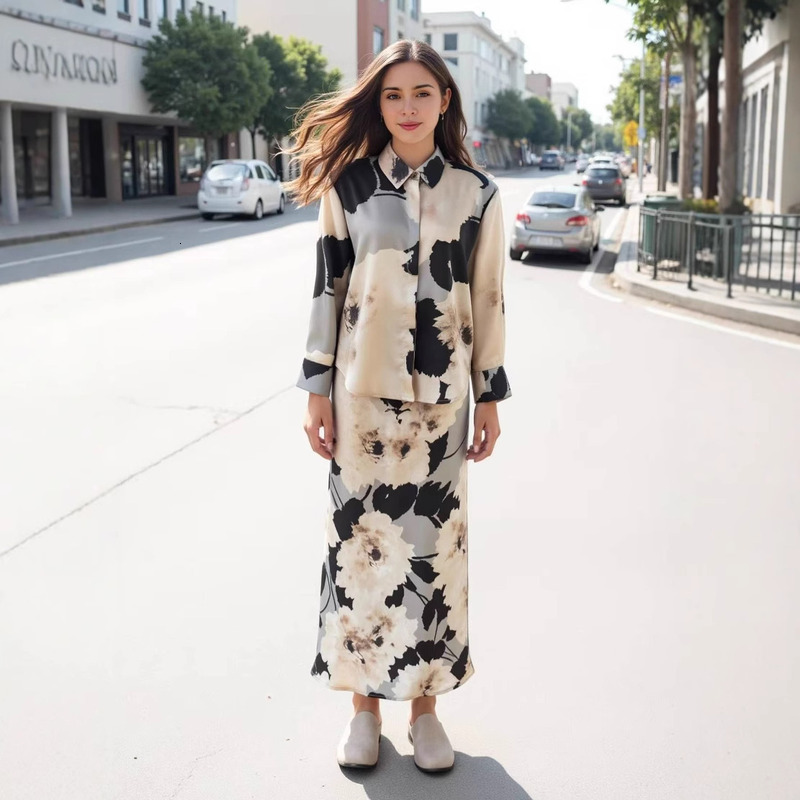 TRAFZASHEIN Spring New Silk Texture Printed Shirt Skirt Set