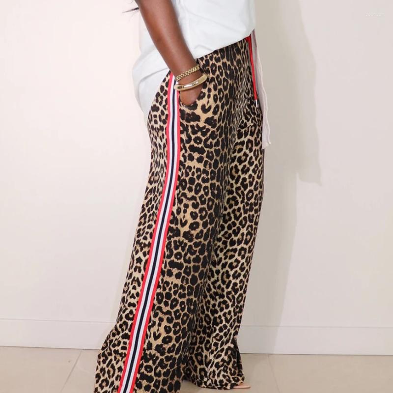 Womens Pants FAGADOER Casual Leopard Print Straight Women Drawstring Stripe Patchwork Wide Leg Pant Trousers Female Streetwear Bottoms