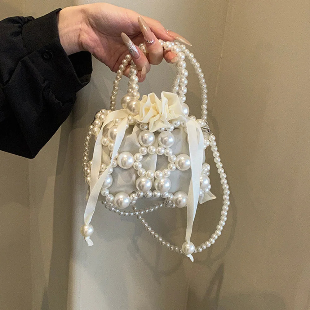 pearl bead womens shoulder cross bag pearl chain buckle bucket handbag 250320