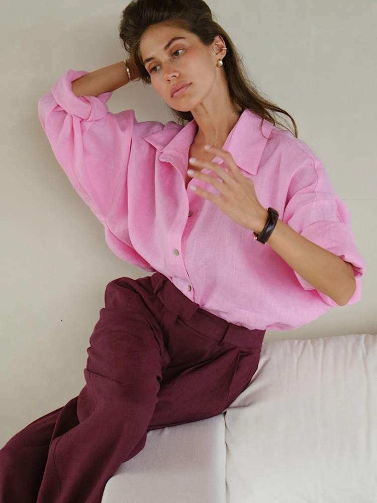 White womens linen long sleeved elegant pink oversized shirt retro spring basic collar cotton linen shirt 250322