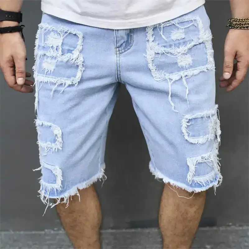 Denim Hole Knee Length Men Washed Jeans Mid Waist Spliced Ripped Pockets Loose Fit Distressed Straight Pants 2025 Casual Shorts T250603