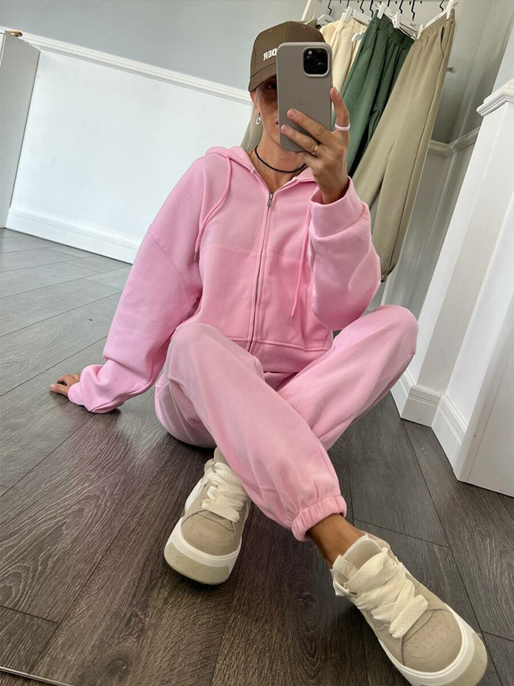 Casual Women's Solid Color Long Sleeve Zipper Hoodie Elastic Strap Pants Two Piece Set