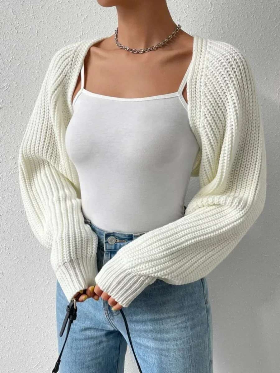 Women's Fashion Open Front Crochet Cardigan Casual Long Sleeve Solid Color Ribbed Knit Shrug Sweater Bolero Tops