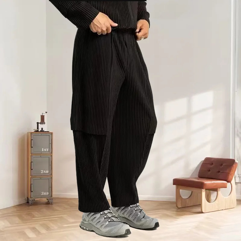 Miyake pleated work pants loose Japanese original solid 2025 spring layered n casual nine minute for men 250322