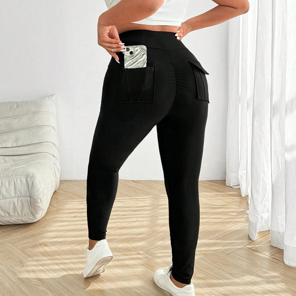 Plus Size Womens With Pockets Legging Sports Yoga Fitness Pants Weight Loss Hip Lifting Polyester Material 250324Z