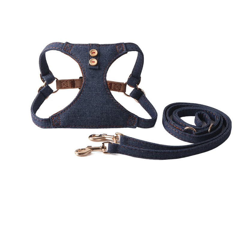 Dog Harness and Leash Set, Pure Cotton Denim Fabric Adjustable Step in Puppy Harness, Soft Breathable No Choke No Pull Pet Harness Vest for Small Dogs