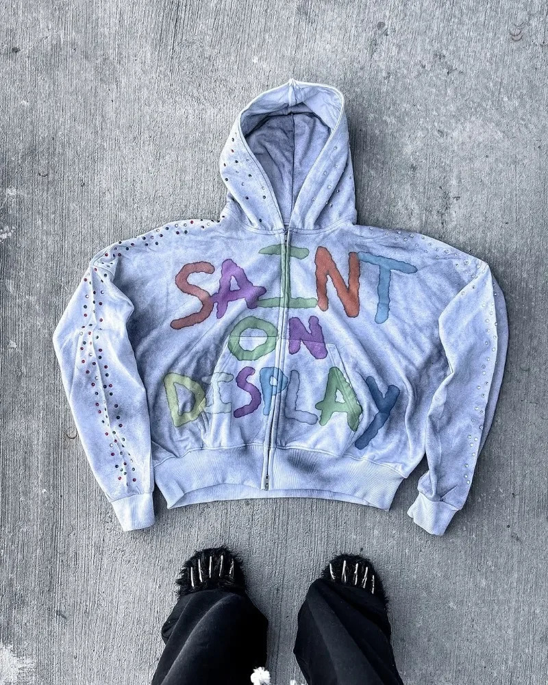 Harajuku Retro Trendy Cartoon Letter Printing Super Large Hoodie Mens Y2k American Street Fashion Zipper Sweatshirt Womens 250318