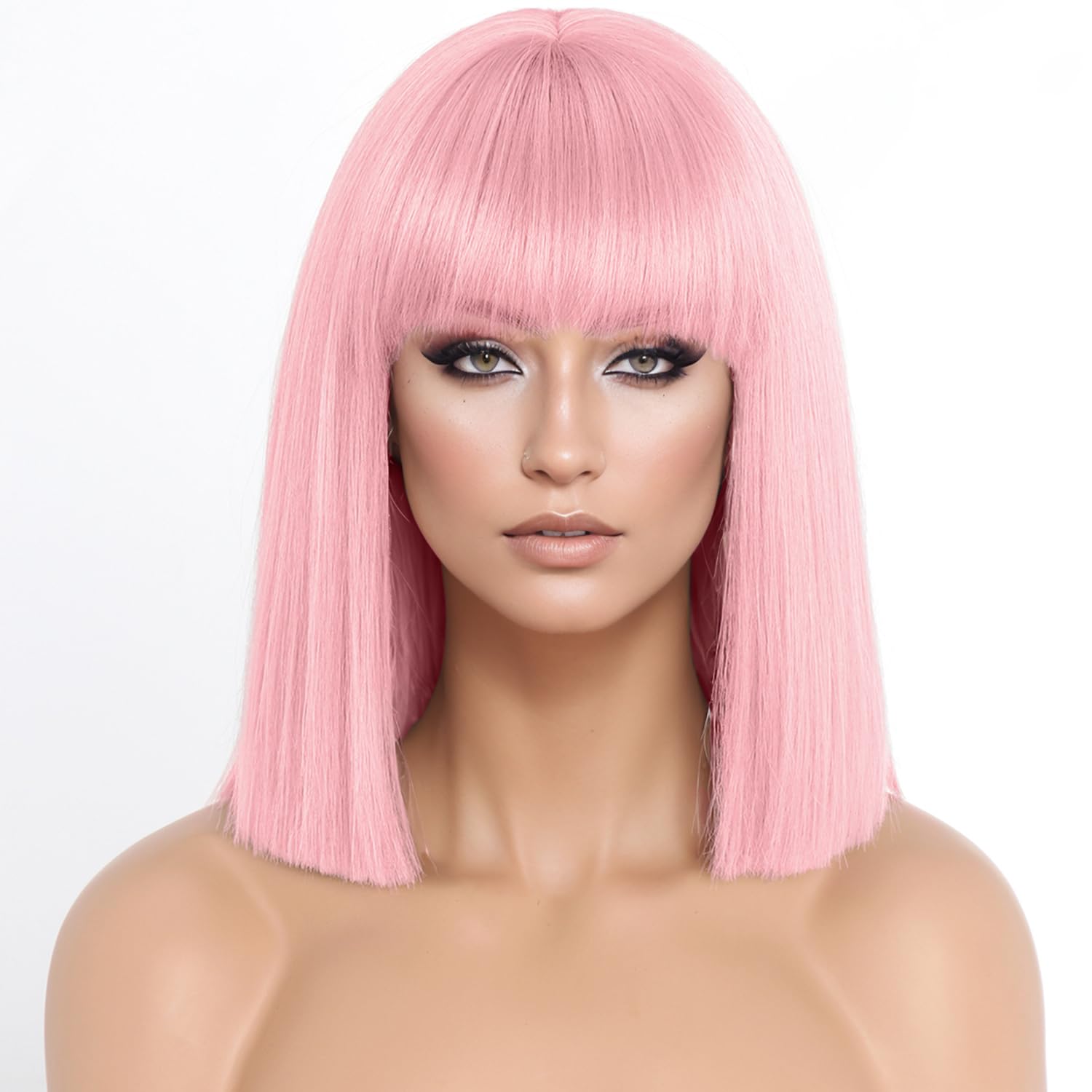 Short Pink Bob Wigs with Bangs,Short Straight Bob Pink Wigs for Women,Natural Looking Cosplay Daily Party Wig