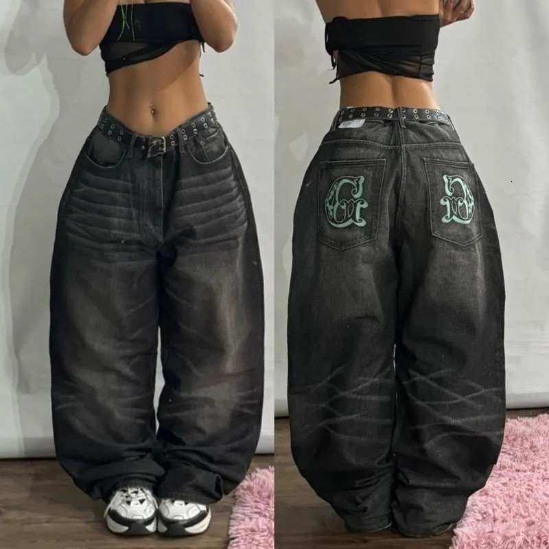 American Fashion Geometric Pattern Embroidered Pocket Jeans Womens Y2K Harajuku Retro Hip Hop Pop Casual Wide Leg Pants 250321