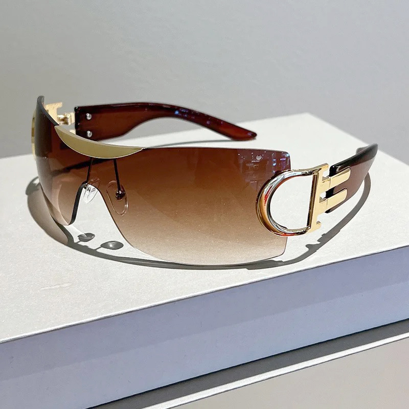 Luxury Sunglasses Y2K Vintage Gradient Women Style Sun Glasses Steampunk Rimless Pilot Goggles Uv400 Glasses for Spicy Girls Cycling One-Piece Punk Br