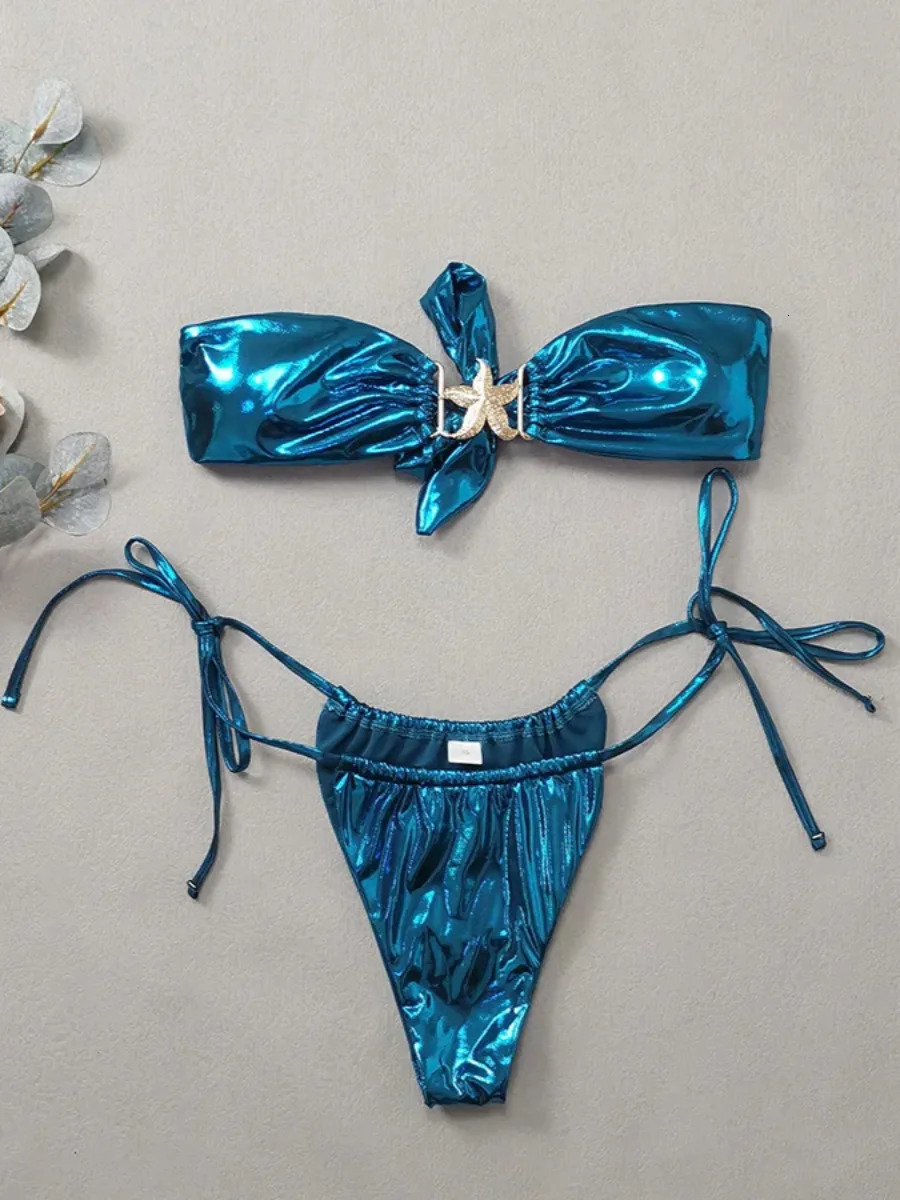 2025 Shiny 2-piece Swimsuit for Womensolid Color Glossy Strapless Thong Bikinisexy Starfish Accessories Beach Swimwear 250325